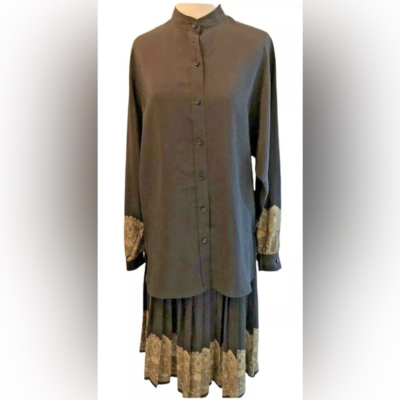 Vintage Valentino Boutique Black Long Sleeve Blouse And Skirt Set Pleated Size 8 - Picture 1 of 11